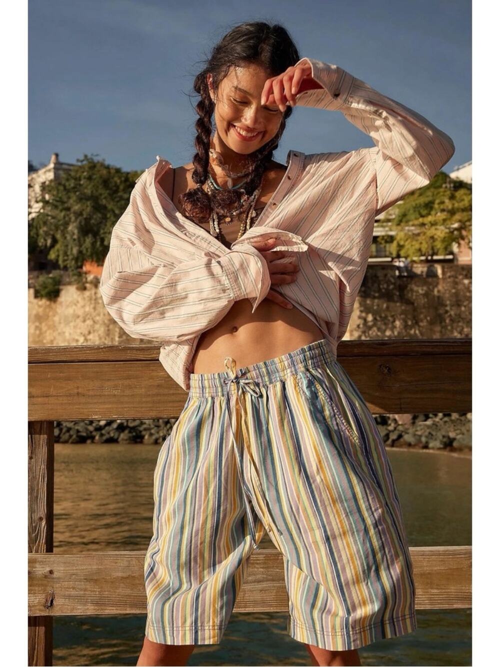 Free People Saylor Poplin Stripe Long Bermuda Shorts Size Large Pastel Rainbow